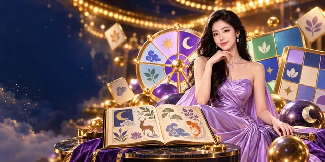 Ilustrasi buku simbol bergambar, roda dekoratif, dan presenter dewasa bergaun lavender.